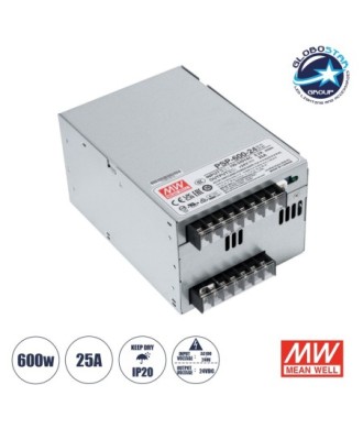 GLOBOSTAR® MEANWELL-PSP-600-24 90791 Τροφοδοτικό-Μετασχηματιστής PELV 600W 25A DC 24V IP20 - AC 220-240V σε DC 24V - Ρυθμιζόμενo από DC 20V έως DC 26.4V - Μ17 x Π12 x Υ9.3cm - 3 Χρόνια Εγγύηση